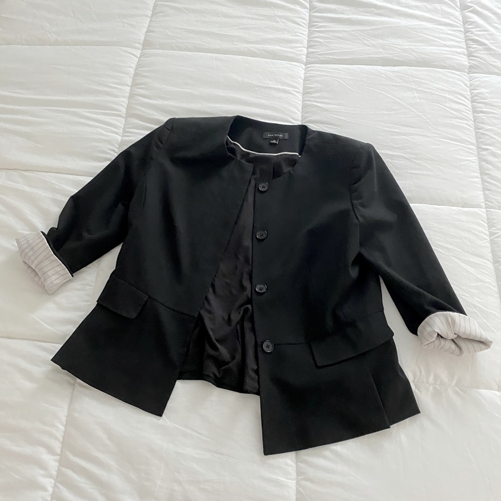 Ann Taylor Black Blazer with Striped Sleeve Lining